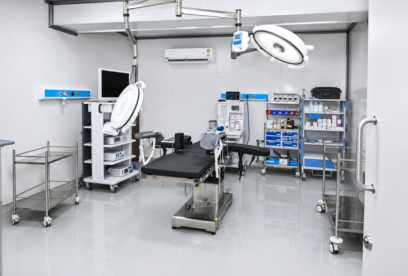 Operation theatre at Sharada Laparoscopy Hospital with ceiling-mounted surgical lights, anaesthesia workstation and laparoscopic tower